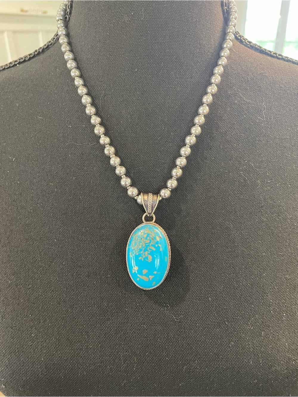 Turquoise Oval Pendant Necklace with Silver Bead Chain